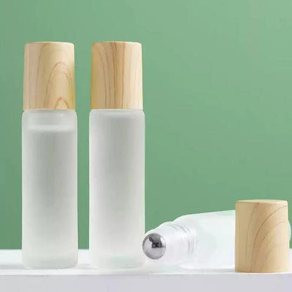 5PCS 10ml Frosted Glass Roll-On Bottles with Wooden Caps for Perfume and Essential Oils