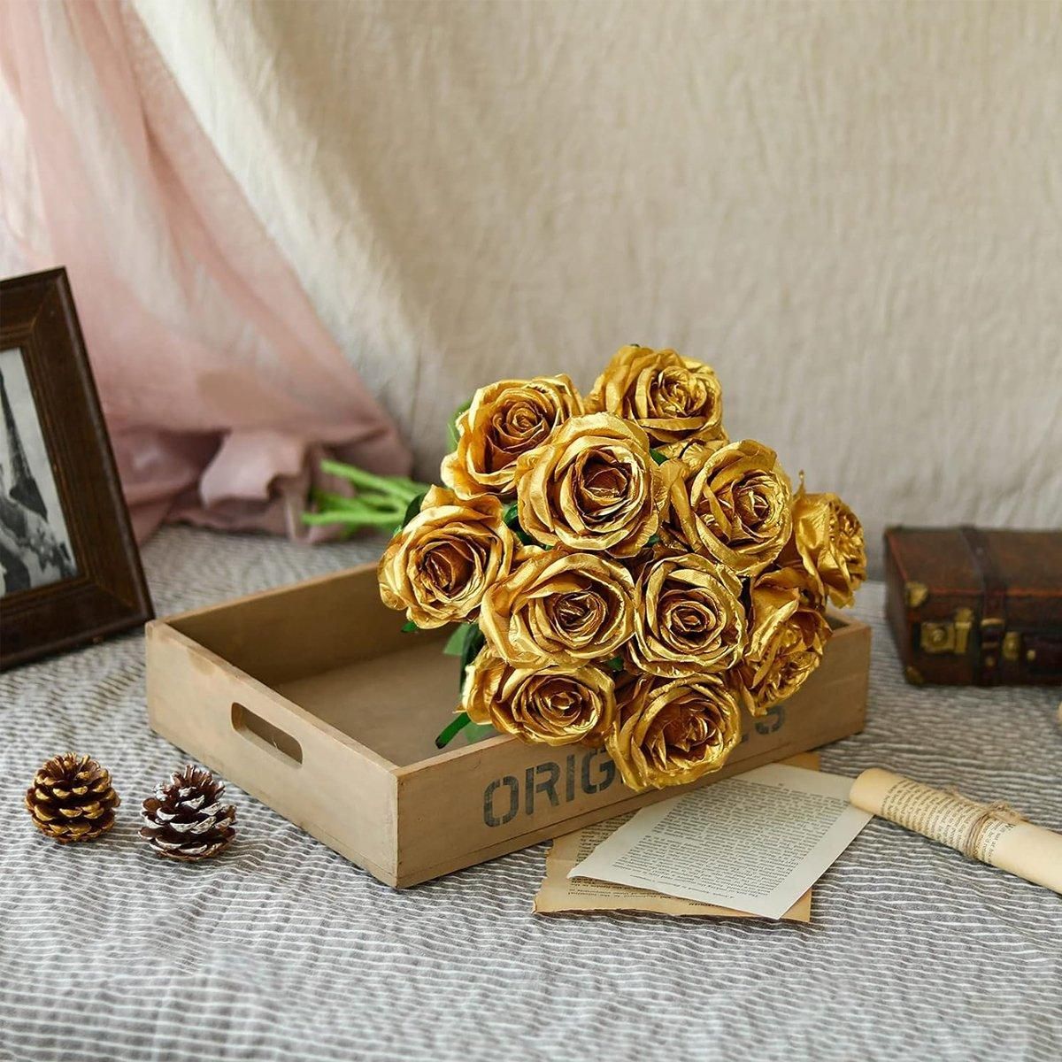 10pcs Artificial Silk Simulation Rose Flowers - Wedding Party Home Decorations - Gold