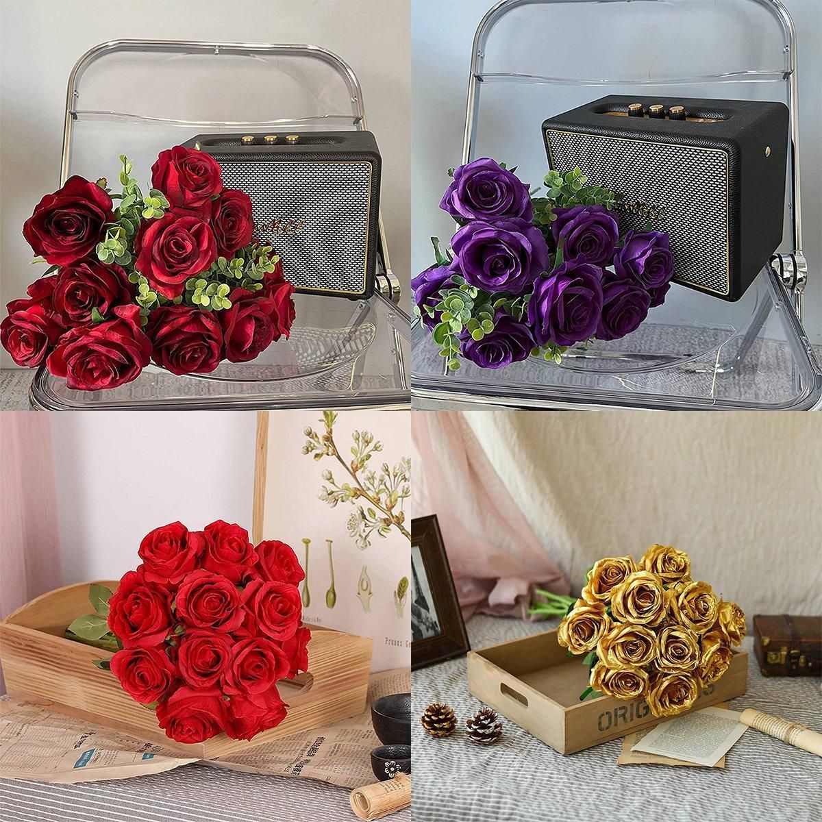 10pcs Artificial Silk Simulation Rose Flowers - Wedding Party Home Decorations - Gold