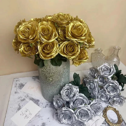 10pcs Artificial Silk Simulation Rose Flowers - Wedding Party Home Decorations - Gold