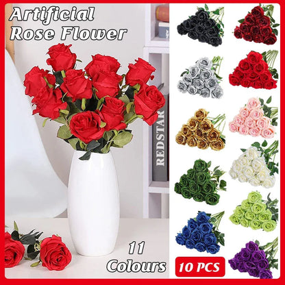 10pcs Artificial Silk Simulation Rose Flowers - Wedding Party Home Decorations - Red