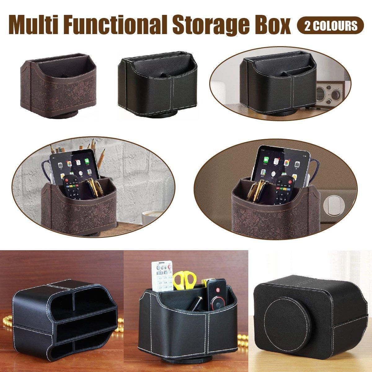 Leather Remote Control Holder 360 Degree Spinning Desk TV Remote Table Organizer - Brown