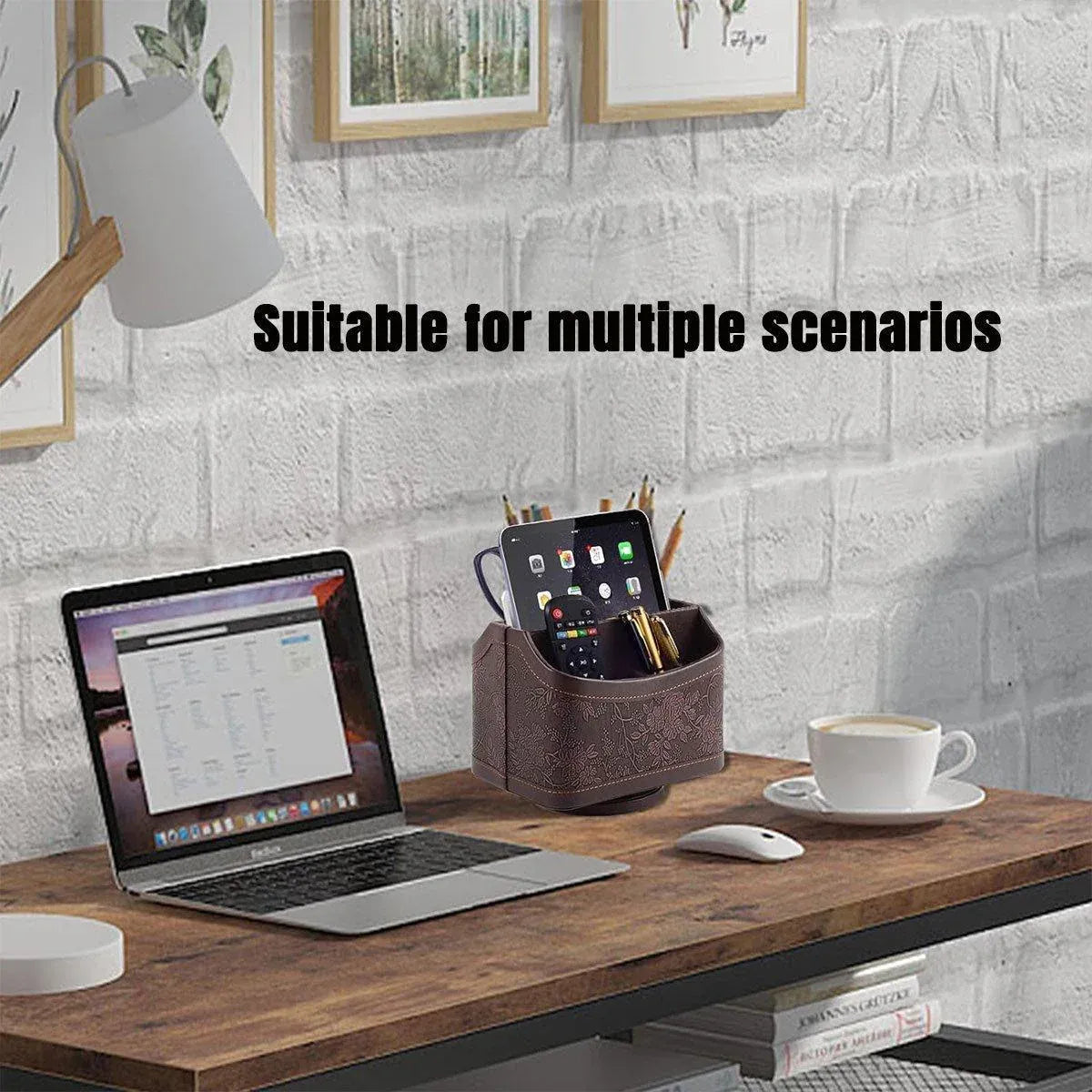 Leather Remote Control Holder 360 Degree Spinning Desk TV Remote Table Organizer - Brown