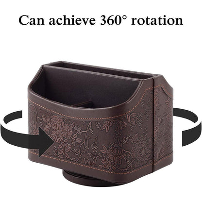 Leather Remote Control Holder 360 Degree Spinning Desk TV Remote Table Organizer - Brown