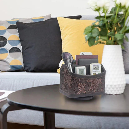 Leather Remote Control Holder 360 Degree Spinning Desk TV Remote Table Organizer - Brown