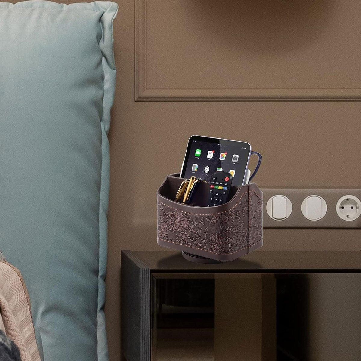 Leather Remote Control Holder 360 Degree Spinning Desk TV Remote Table Organizer - Brown