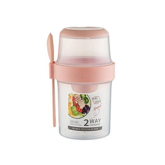 Double Plastic Salad Cup with Fork Sealed Breakfast Container for On-the-Go Meal - 560ml-Pink