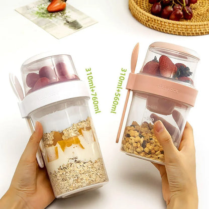 Double Plastic Salad Cup with Fork Sealed Breakfast Container for On-the-Go Meal - 560ml-Pink
