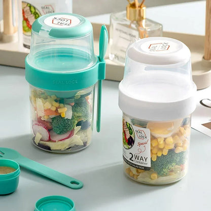 Double Plastic Salad Cup with Fork Sealed Breakfast Container for On-the-Go Meal - 560ml-Pink