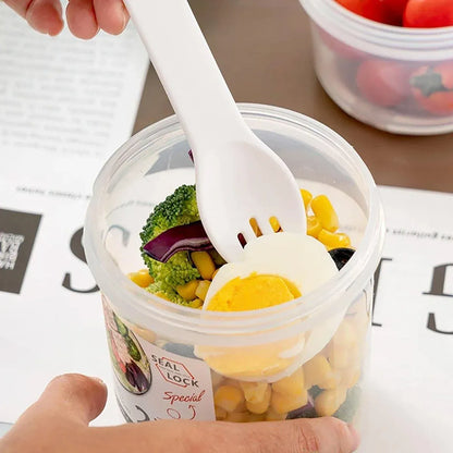 Double Plastic Salad Cup with Fork Sealed Breakfast Container for On-the-Go Meal - 560ml-Pink
