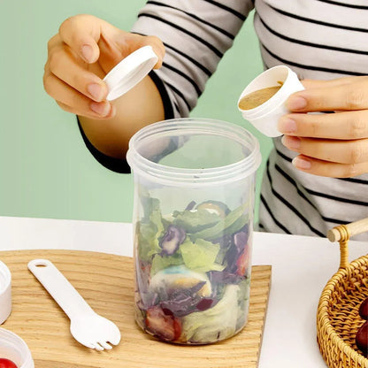 Double Plastic Salad Cup with Fork Sealed Breakfast Container for On-the-Go Meal - 560ml-Pink