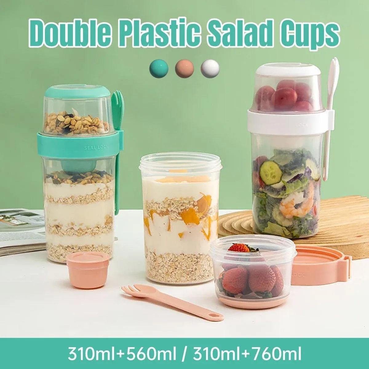 Double Plastic Salad Cup with Fork Sealed Breakfast Container for On-the-Go Meal - 760ml-Green
