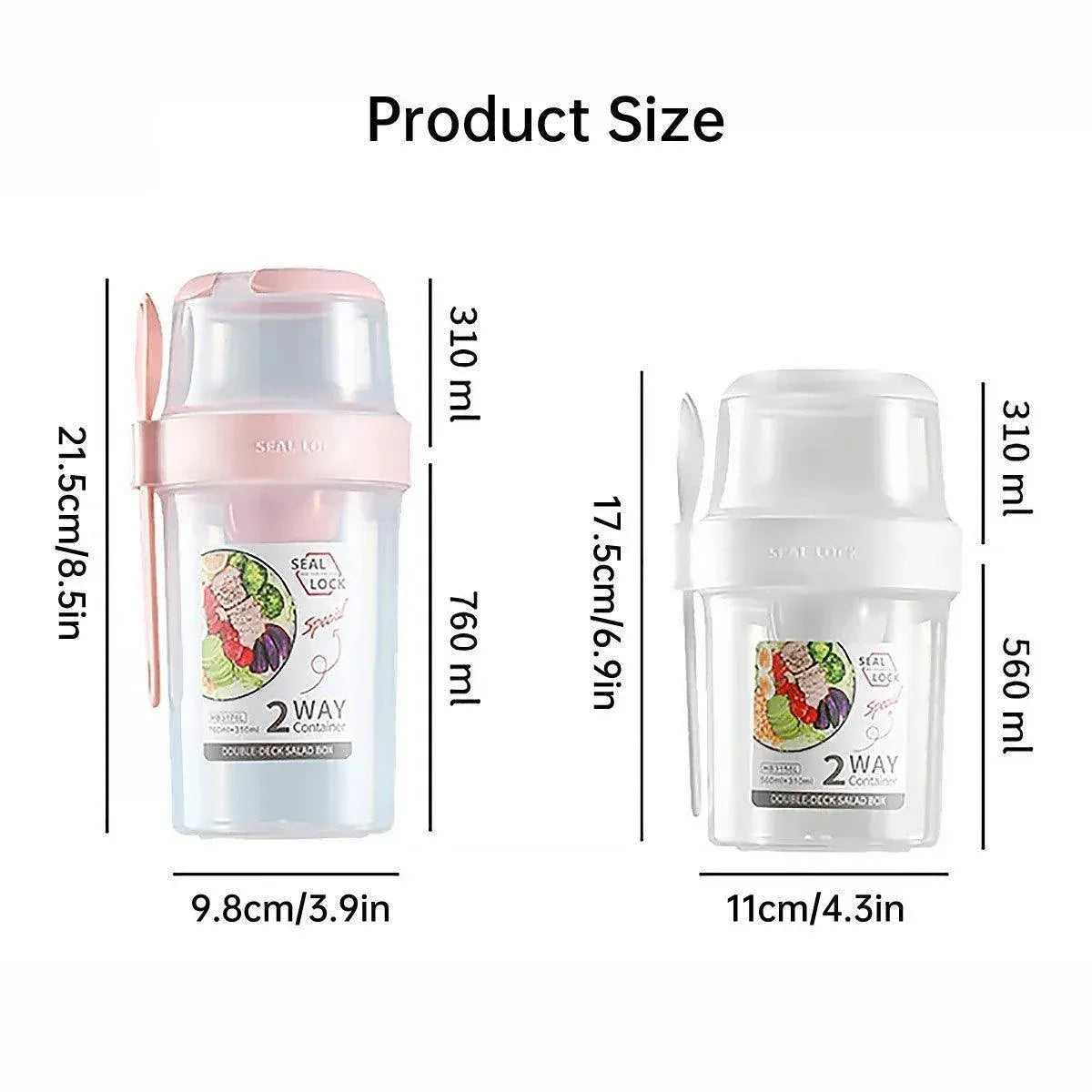 Double Plastic Salad Cup with Fork Sealed Breakfast Container for On-the-Go Meal - 760ml-Green