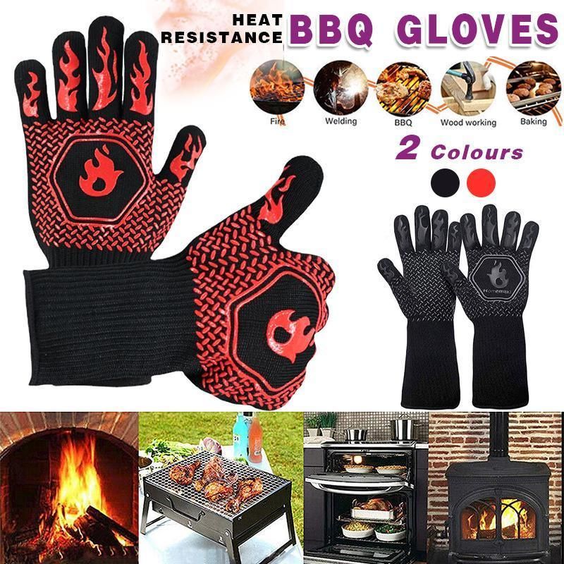 BBQ Gloves 800°C Heat Oven Grill Non-Slip Fireproof Resistant Silicone Kitchen - Black