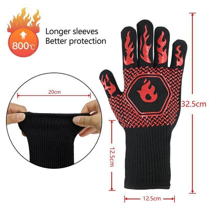 BBQ Gloves 800°C Heat Oven Grill Non-Slip Fireproof Resistant Silicone Kitchen - Black