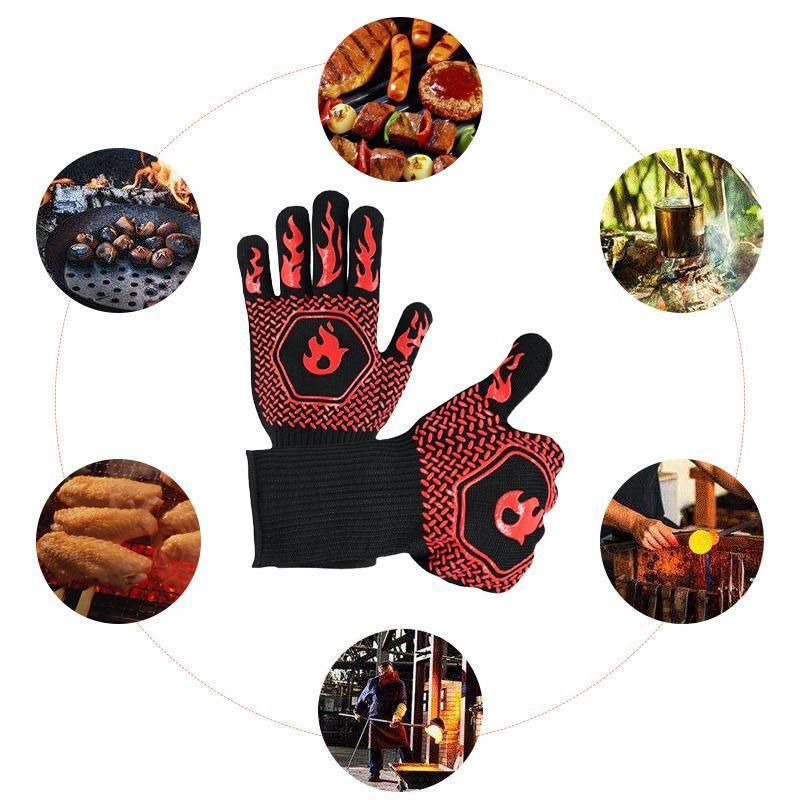 BBQ Gloves 800°C Heat Oven Grill Non-Slip Fireproof Resistant Silicone Kitchen - Black