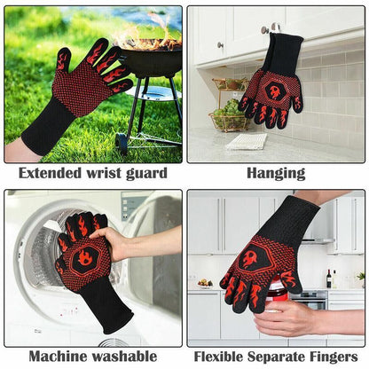 BBQ Gloves 800°C Heat Oven Grill Non-Slip Fireproof Resistant Silicone Kitchen - Black