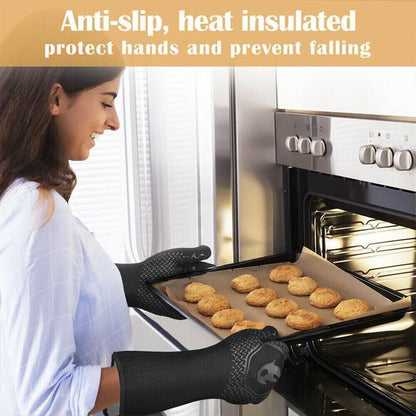 BBQ Gloves 800°C Heat Oven Grill Non-Slip Fireproof Resistant Silicone Kitchen - Black