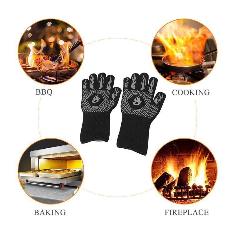 BBQ Gloves 800°C Heat Oven Grill Non-Slip Fireproof Resistant Silicone Kitchen - Black