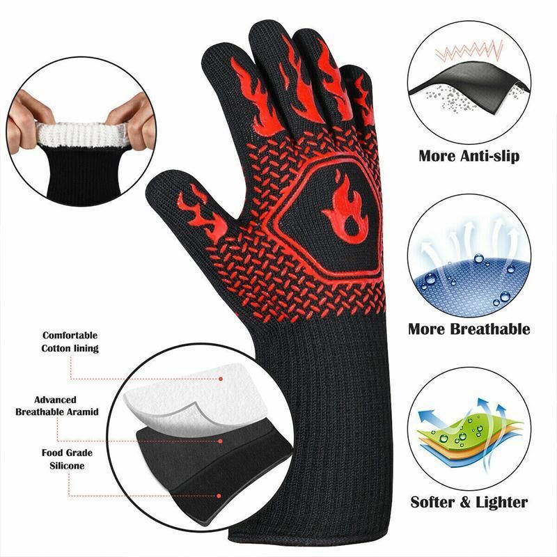 BBQ Gloves 800°C Heat Oven Grill Non-Slip Fireproof Resistant Silicone Kitchen - Black