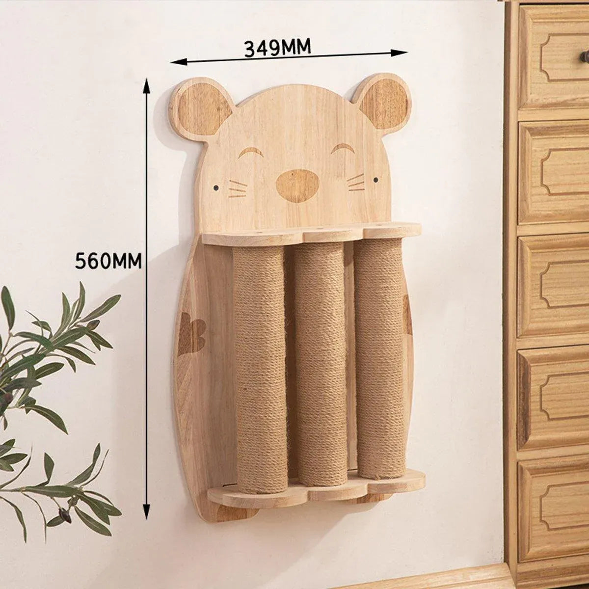 2Style Wood Wall-Mounted Natural Sisal Rope Cat Scratching Claw Grinding Pet Toy - Mouse-Solid Wood