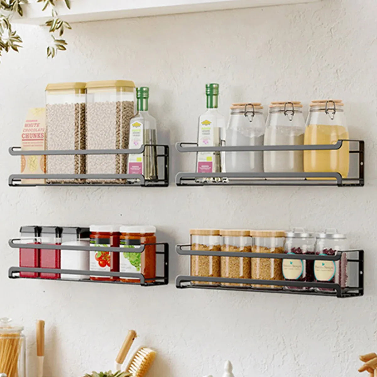 Seasoning Rack Set 4PCS Wall Mounted Spice Bottle Organizer Shelf for Kitchen