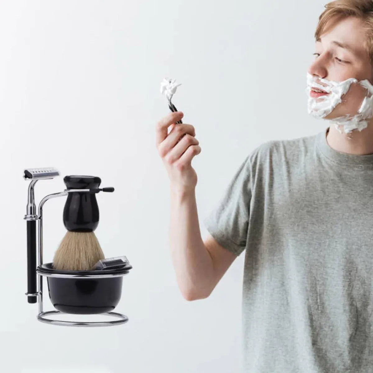 5PCS Shaving Kit Set Manual Razor Brush Stand Bowl Set for Men