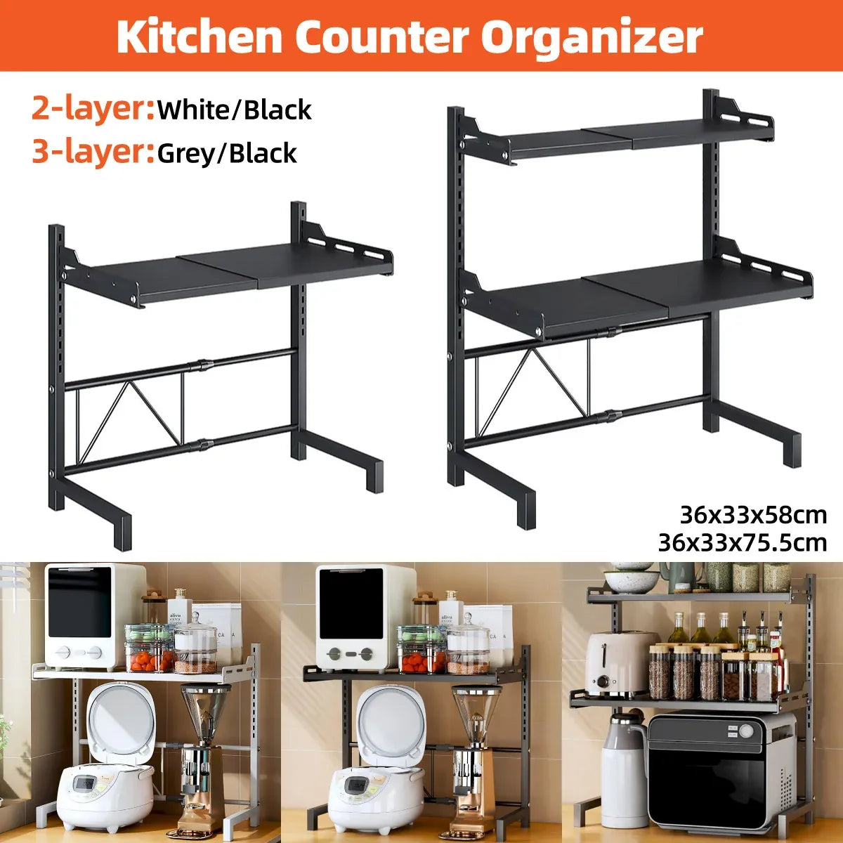 2/3Tier Microwave Oven Stand Rack Shelf Condiment Kitchen Holder Cabinet Storage - Black 3-Layer
