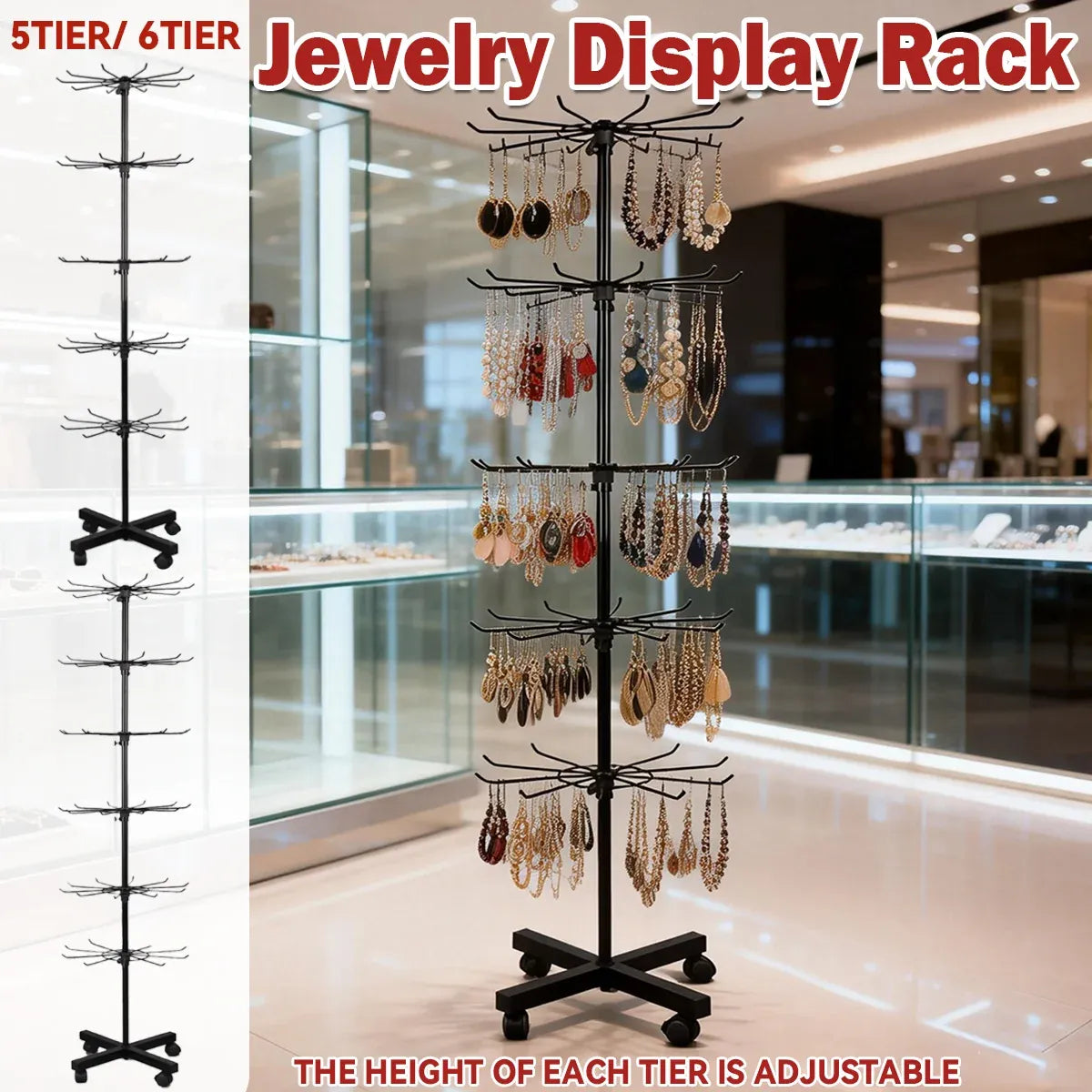 Rotating Jewellery Display Stand 5 6 Tier Metal Rack With Wheels Adjustable - 5 Tier