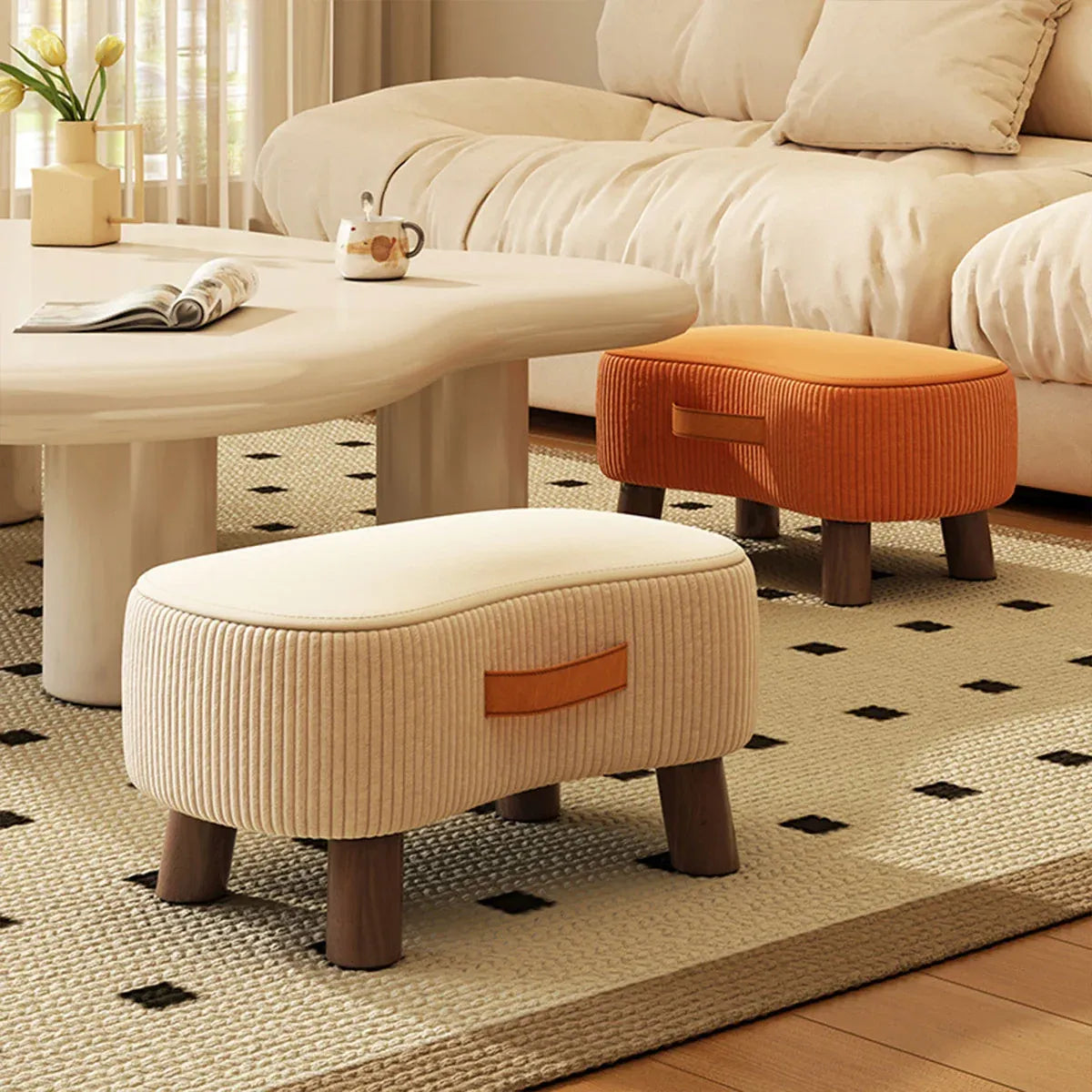 Small Stool for Home Simple Shoe Changing Low Seat Stool Wooden Household Use - Beige