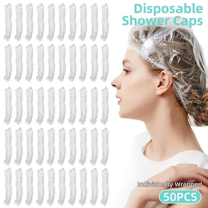 50pcs Transparent Shower Caps Individually Wrapped for Hotel Guesthouse Supplies - A