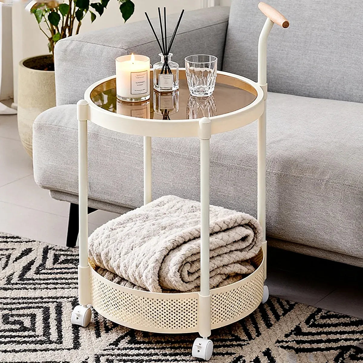 Movable Side Table Rolling Caster Wheels 2 Tier for Living Room