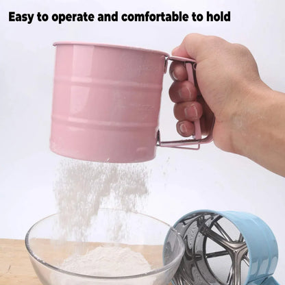 Hand Squeeze Mechanical Flour Sifter Stainless Steel One Hand Baking Sieve - Pink