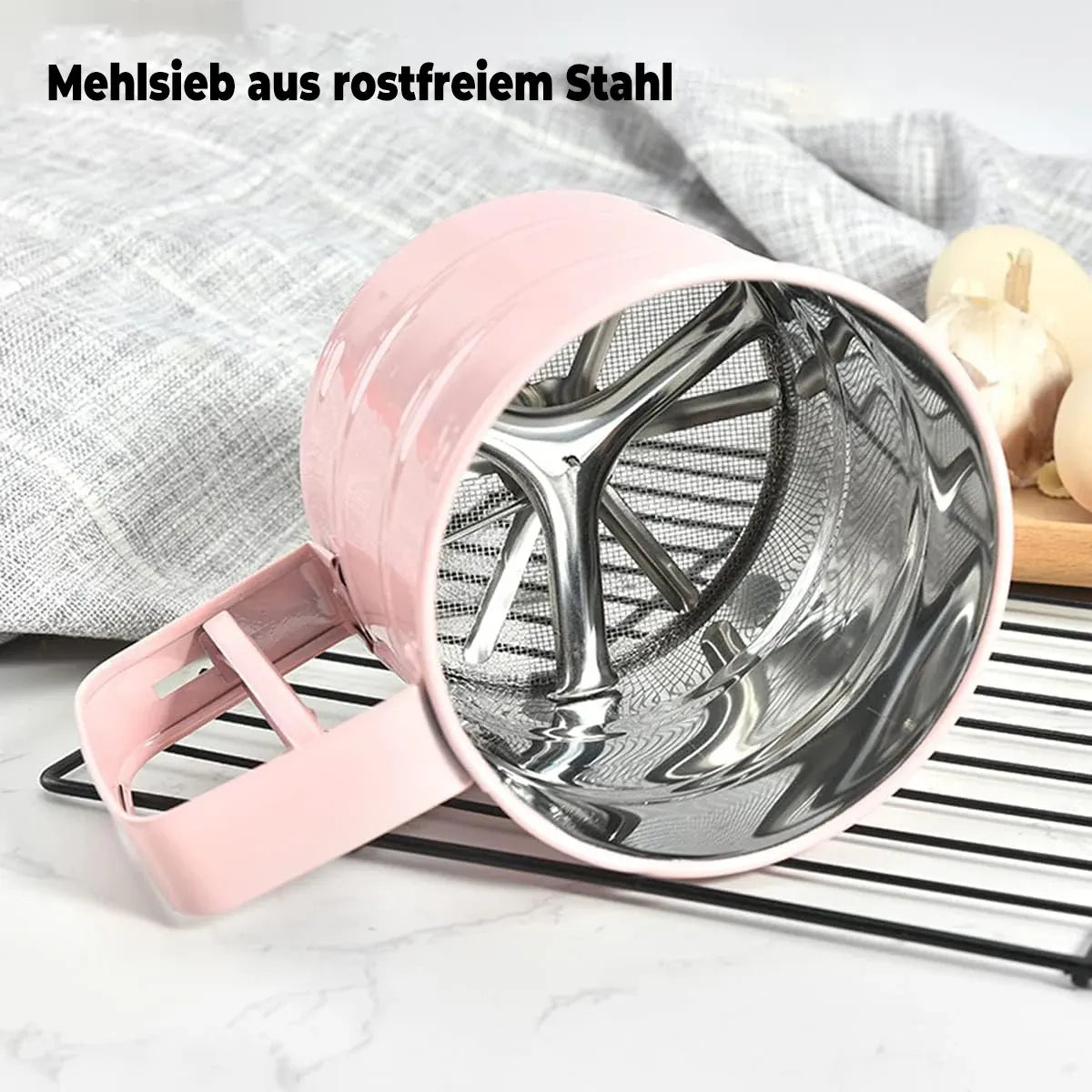 Hand Squeeze Mechanical Flour Sifter Stainless Steel One Hand Baking Sieve - Pink