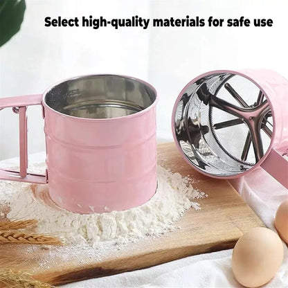 Hand Squeeze Mechanical Flour Sifter Stainless Steel One Hand Baking Sieve - Pink