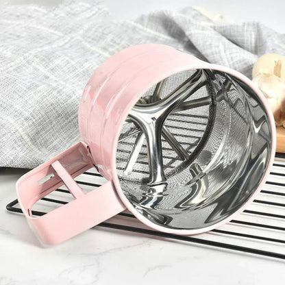 Hand Squeeze Mechanical Flour Sifter Stainless Steel One Hand Baking Sieve - Pink