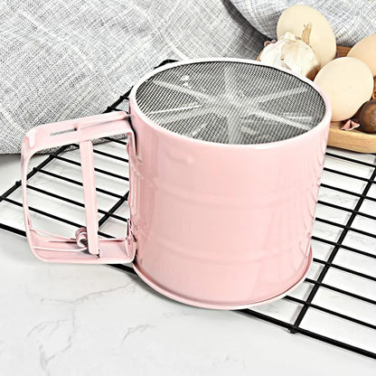 Hand Squeeze Mechanical Flour Sifter Stainless Steel One Hand Baking Sieve - Pink