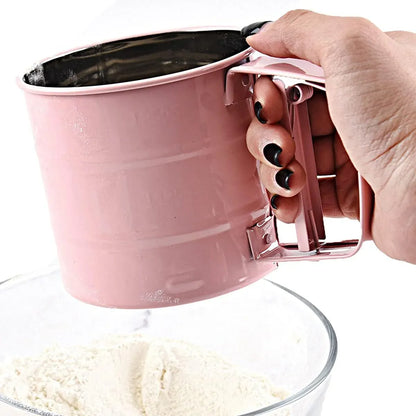 Hand Squeeze Mechanical Flour Sifter Stainless Steel One Hand Baking Sieve - Pink