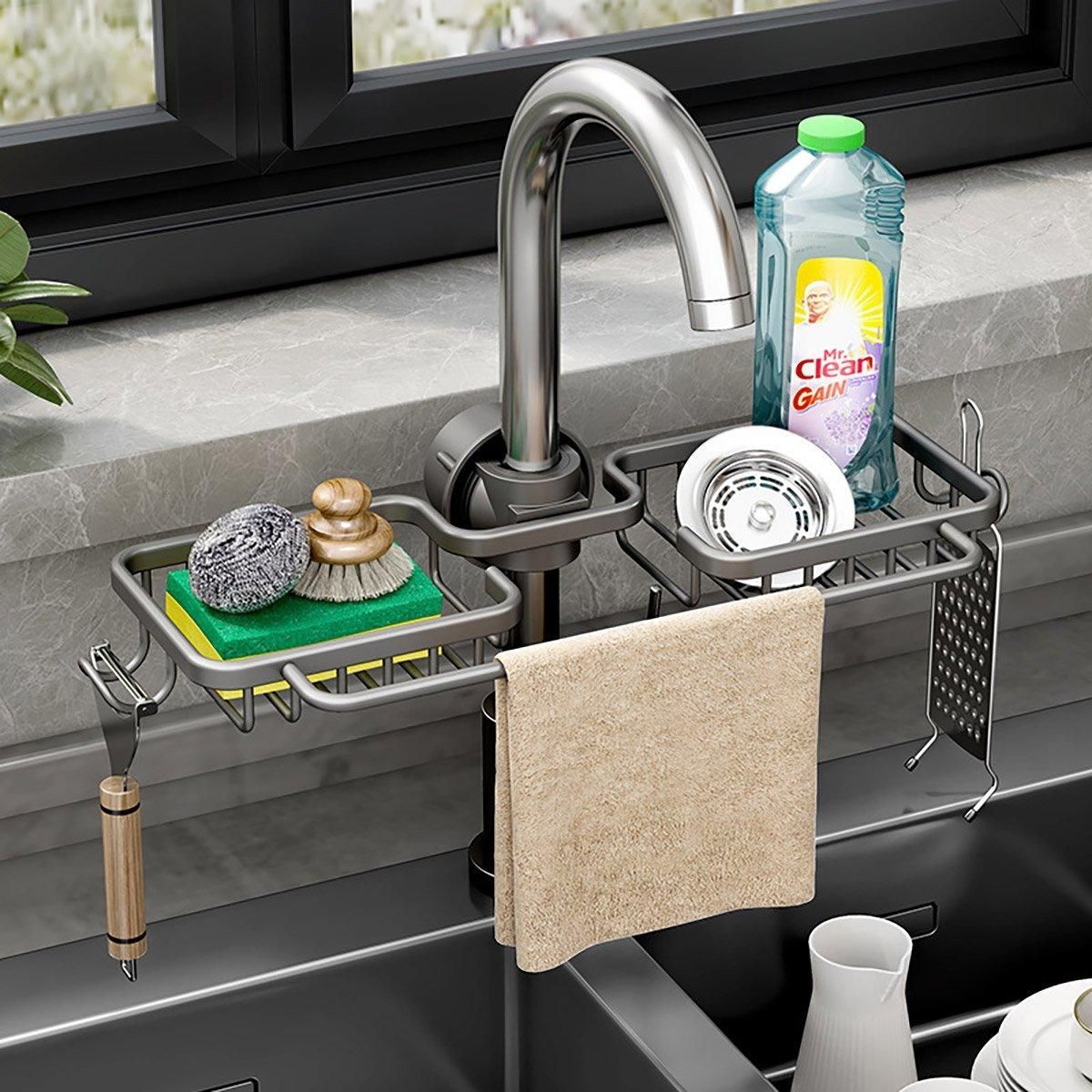 Multifunctional Faucet Shelf Kitchen Storage Sink Draining Basket Household Rack - Black