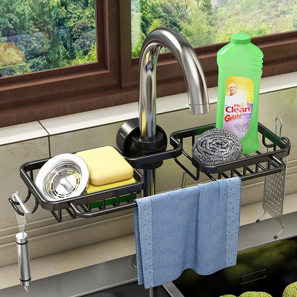 Multifunctional Faucet Shelf Kitchen Storage Sink Draining Basket Household Rack - Grey