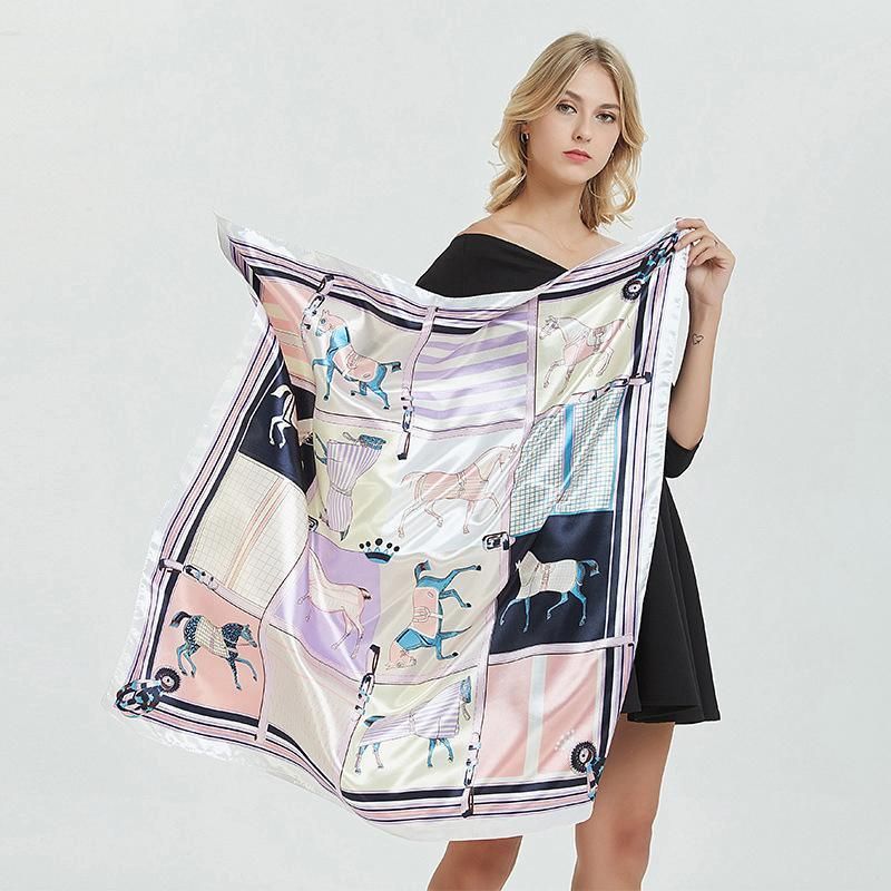 90x90cm Women Silk Satin Wrap Professional Lady Summer Beach Large Square Scarf - Rose Red