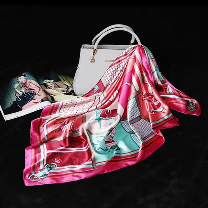 90x90cm Women Silk Satin Wrap Professional Lady Summer Beach Large Square Scarf - Rose Red