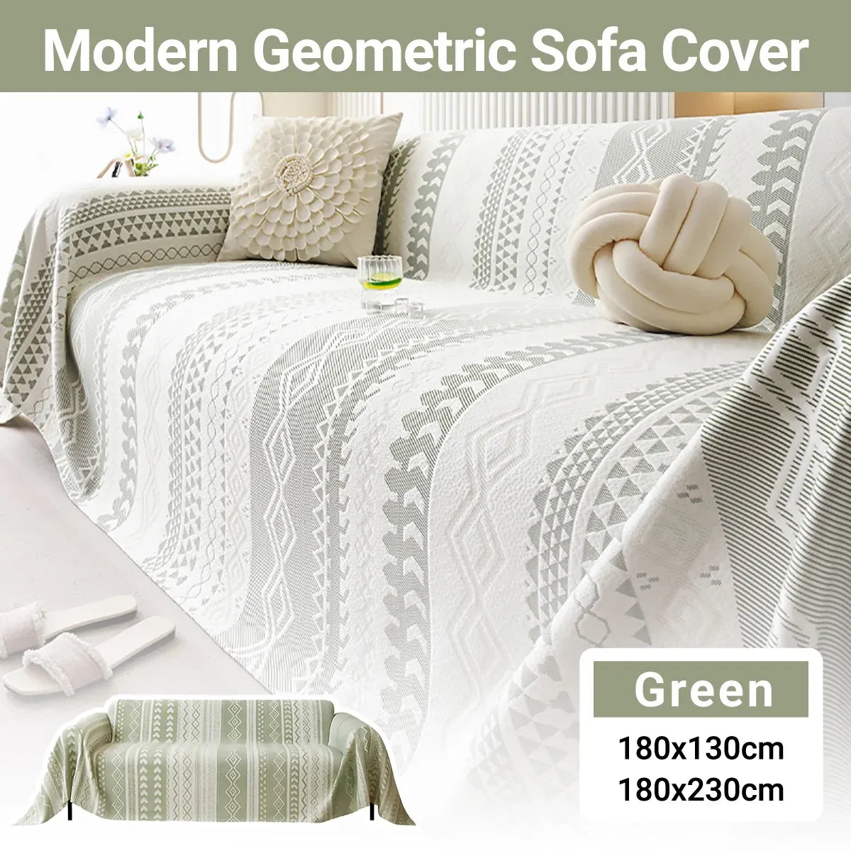Sofa Cover Modern Geometric Green Breathable Soft for Living Room - 180 x 130cm