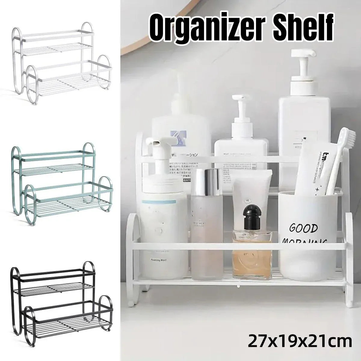 Iron Double Storage Shelf Organiser Durable Metal Rack for Kitchen Bathroom Use - Black