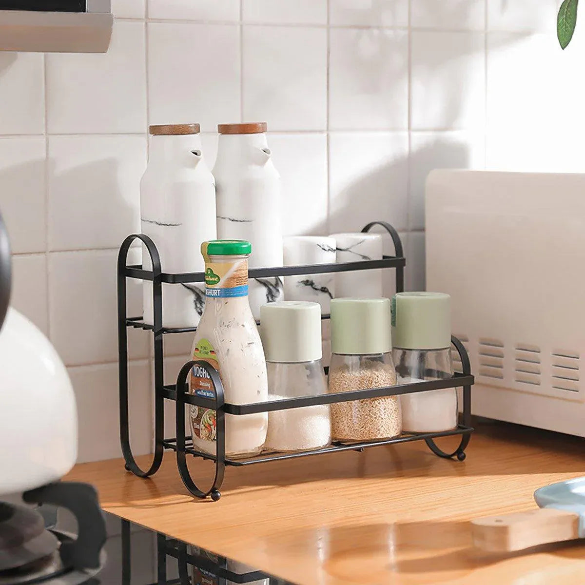 Iron Double Storage Shelf Organiser Durable Metal Rack for Kitchen Bathroom Use - Black
