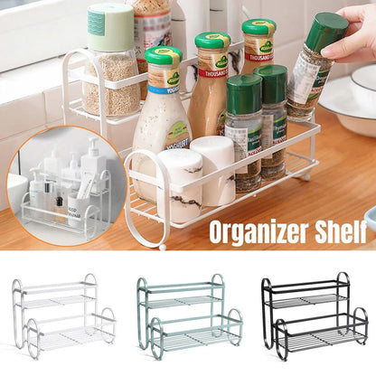 Iron Double Storage Shelf Organiser Durable Metal Rack for Kitchen Bathroom Use - Black