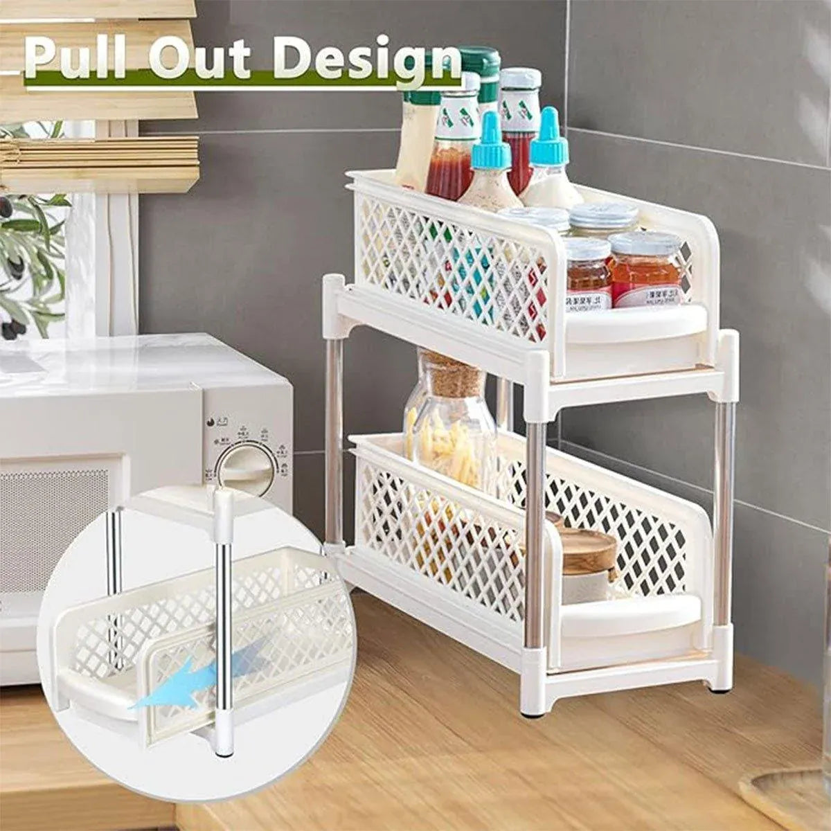 Bathroom Kitchen Sink Storage Rack Drawer Plastic Shelf Seasoning Holder - Grey