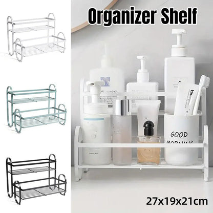 Iron Double Storage Shelf Organiser Durable Metal Rack for Kitchen Bathroom Use - White