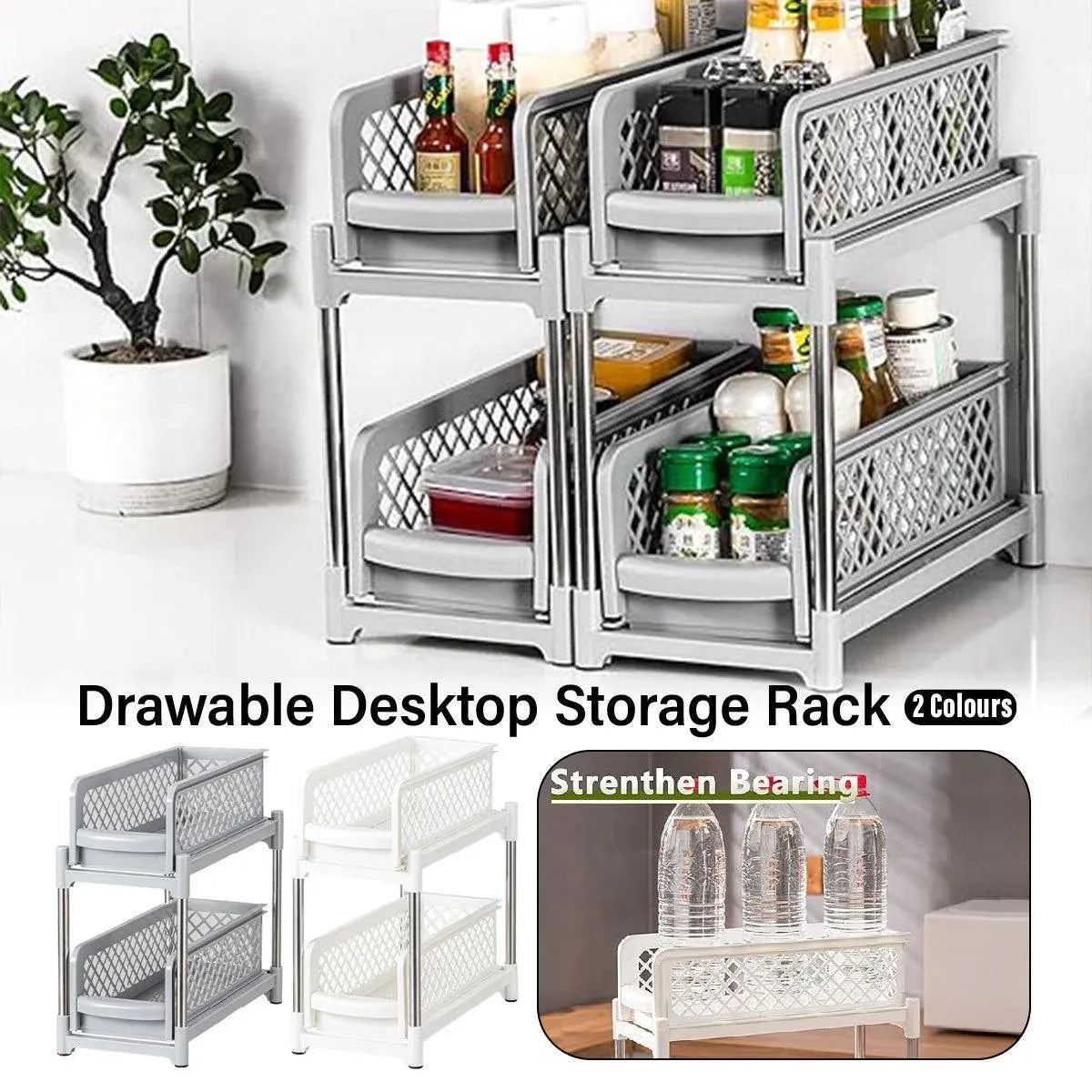 Bathroom Kitchen Sink Storage Rack Drawer Plastic Shelf Seasoning Holder - White