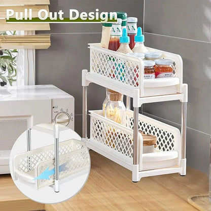 Bathroom Kitchen Sink Storage Rack Drawer Plastic Shelf Seasoning Holder - White
